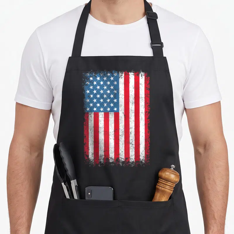Patriotic flag 4th of july apron - Distressed red white and blue USA flag print on black fabric — shown on a black cotton canvas apron against a white background