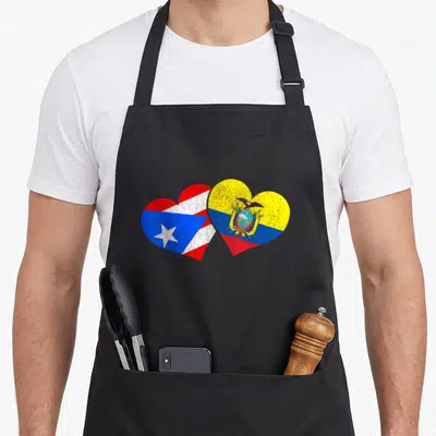 Rico ecuador pride apron - Two overlapping hearts containing Puerto Rico and Ecuador flags in distressed red, white — shown on a black cotton canvas apron against a white background