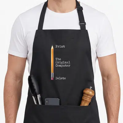 Original nerd apron - Yellow pencil labeled The Original Computer with Print and Delete text — shown on a black cotton canvas apron against a white background