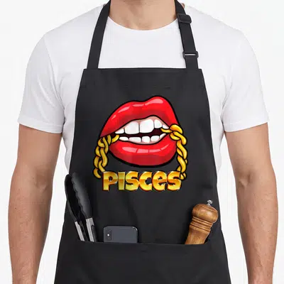Chain zodiac aprons - Red lips biting gold chain above PISCES text in cartoon style — shown on a black cotton canvas apron against a white background