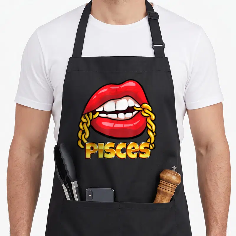 Chain zodiac aprons - Red lips biting gold chain above PISCES text in cartoon style — shown on a black cotton canvas apron against a white background