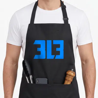 Cute detroit apron - Blue 3L3 text on black bib apron — shown on a black cotton canvas apron against a white background