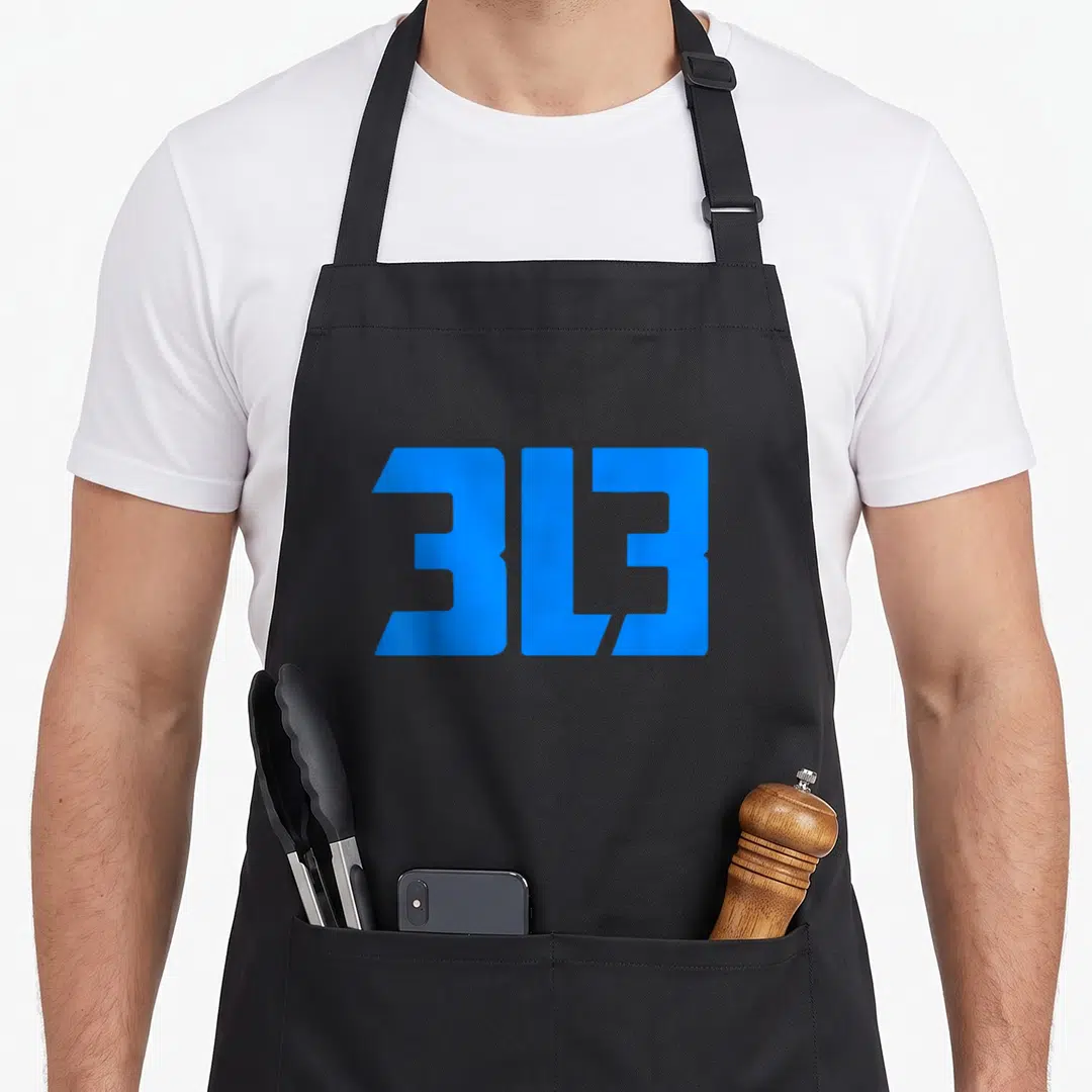 Cute detroit apron - Blue 3L3 text on black bib apron — shown on a black cotton canvas apron against a white background