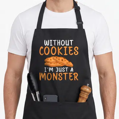 Monster cookie cookies apron - Three overlapping cartoon cookies with orange and brown details surrounded by white — shown on a black cotton canvas apron against a white background