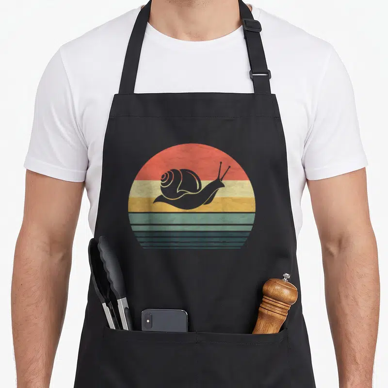 Snail family aprons - Grey snail silhouette over red yellow green blue striped retro sun — shown on a black cotton canvas apron against a white background
