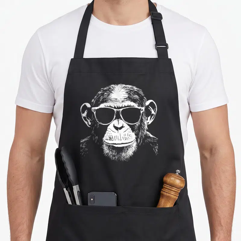 Sunglass chimpanzee apron - White line-art drawing of a chimpanzee wearing sunglasses on an apron front — shown on a black cotton canvas apron against a white background