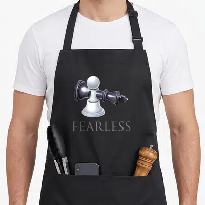 Chess smart apron - White pawn stands before fallen black king with faint grey FEARLESS text below — shown on a black cotton canvas apron against a white background