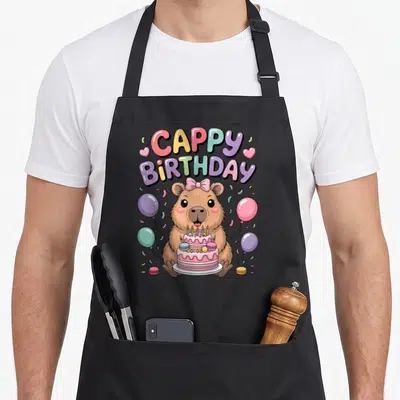 Animal bow apron - Capybara holding cake with Cappy Birthday text and balloons in pink and purple — shown on a black cotton canvas apron against a white background