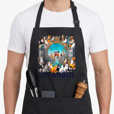Turkish cat apron - Istanbul City of Cats illustration with cats, mosque, and golden arch — shown on a black cotton canvas apron against a white background