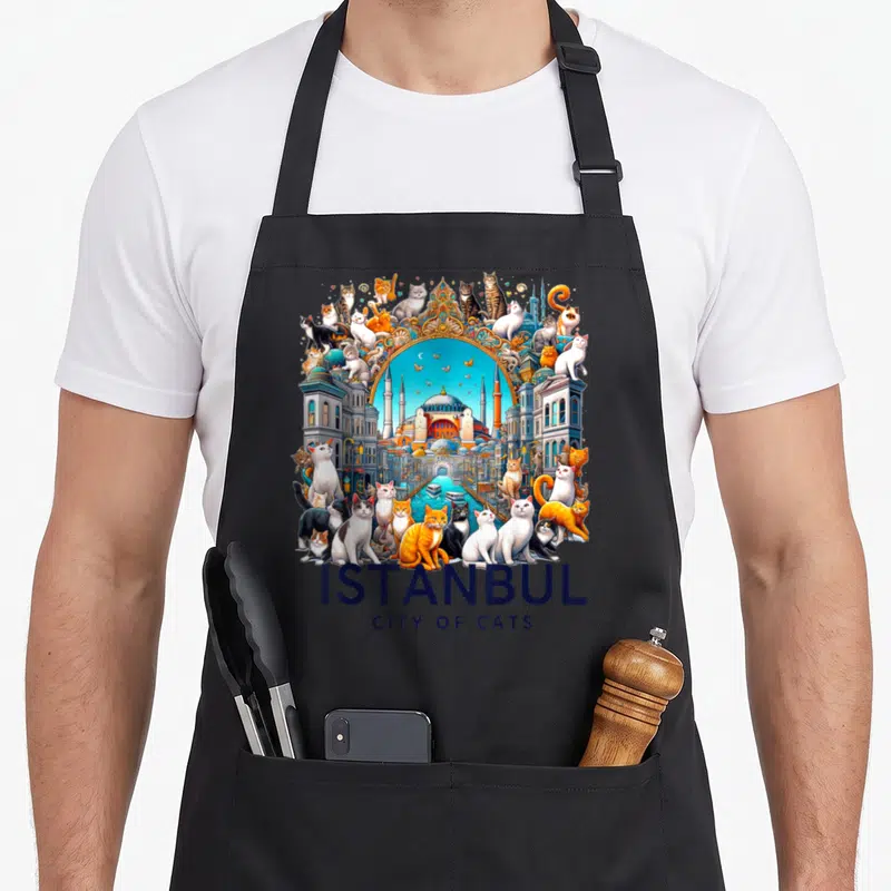 Turkish cat apron - Istanbul City of Cats illustration with cats, mosque, and golden arch — shown on a black cotton canvas apron against a white background
