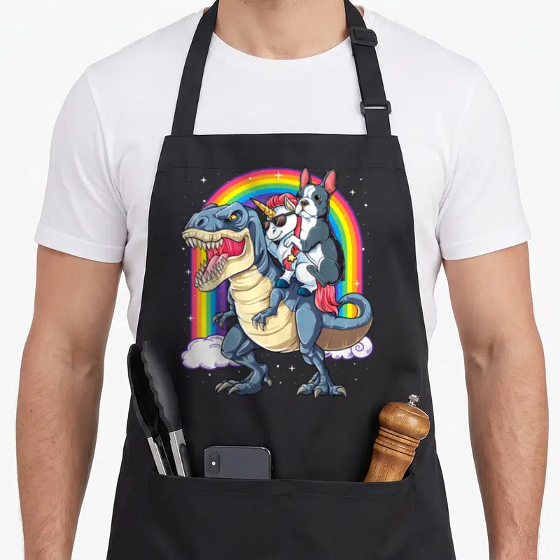 Terrier dinosaur apron - Boston Terrier riding white unicorn atop blue T-rex under rainbow arch with stars and clouds — shown on a black cotton canvas apron against a white background