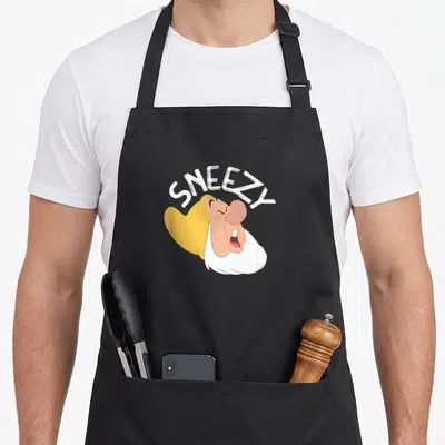 Sneezy snow white apron - Cartoon dwarf sneezing with SNEEZY text in yellow and white — shown on a black cotton canvas apron against a white background