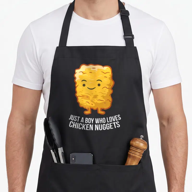 Son chicken print apron - Cartoon yellow chicken nugget with legs above white text JUST A BOY WHO LOVES CHICKEN NUGGETS — shown on a black cotton canvas apron against a white background