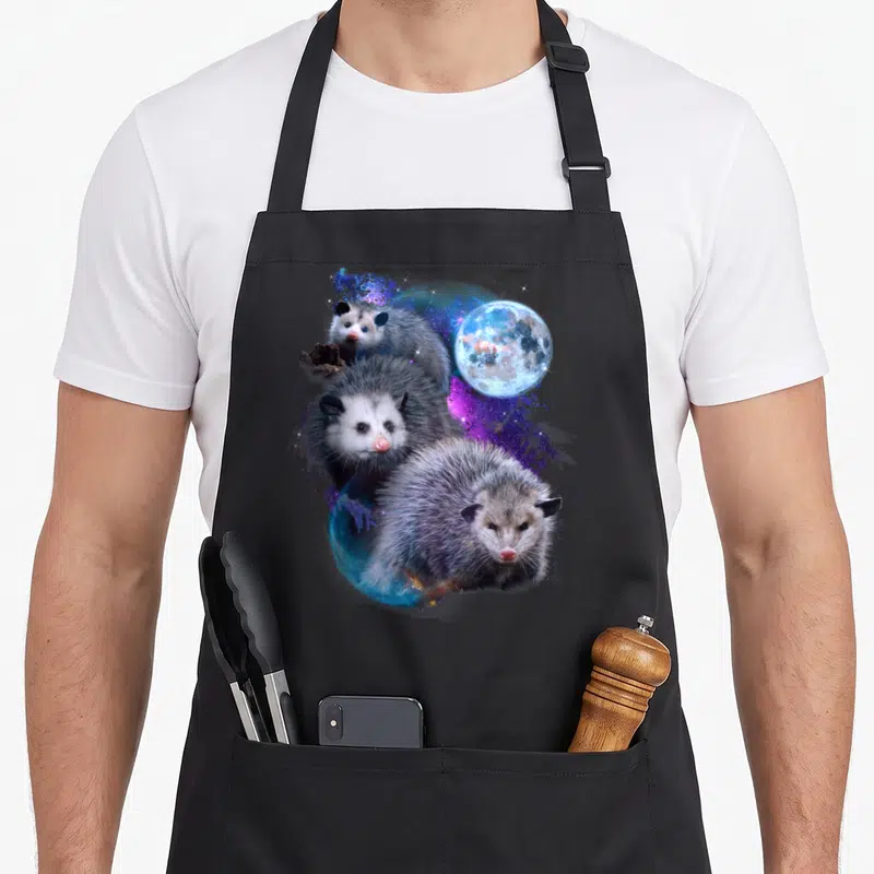 Moon mouse lover apron - Three grey and white opossums stacked vertically before a blue moon and purple nebula — shown on a black cotton canvas apron against a white background