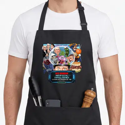 Jeff dunham charlottesville apron - Ventriloquist caricatures in glass dome with wine glass burger and April 8 2026 text — shown on a black cotton canvas apron against a white background