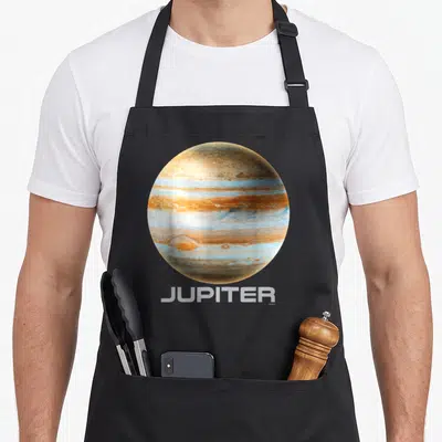 Jupiter space planets apron - Realistic photo of Jupiter planet with orange and blue bands above JUPITER text on grey — shown on a black cotton canvas apron against a white background