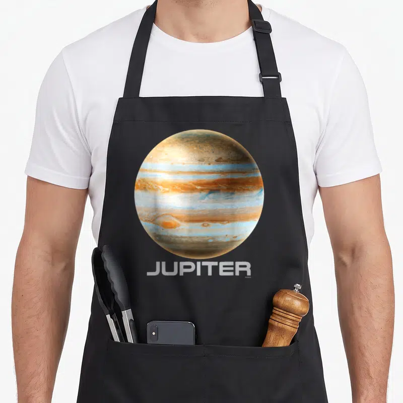 Jupiter space planets apron - Realistic photo of Jupiter planet with orange and blue bands above JUPITER text on grey — shown on a black cotton canvas apron against a white background