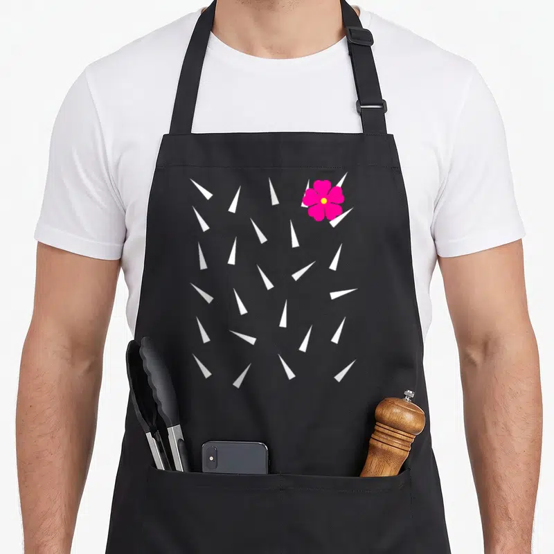 Costume cactus apron - Minimalist pink flower and scattered white thorns on grey background — shown on a black cotton canvas apron against a white background