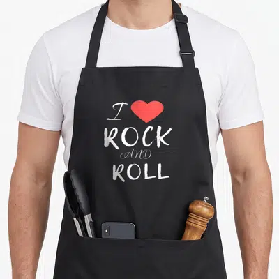 Music rock band apron - I Love Rock And Roll text with red heart stacked in four lines — shown on a black cotton canvas apron against a white background