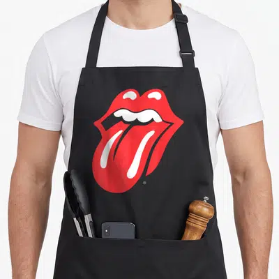 Racerback rolling stones apron - Red and white cartoon mouth with tongue sticking out and small trademark symbol — shown on a black cotton canvas apron against a white background