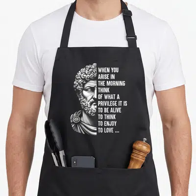 Stoic philosopher apron - White line-art statue half-face next to stacked text about privilege of life on grey — shown on a black cotton canvas apron against a white background