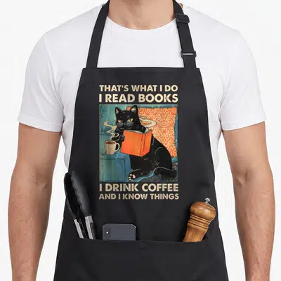 Cat coffee aprons - Black cat reading orange book with coffee mug surrounded by beige text on blue background — shown on a black cotton canvas apron against a white background