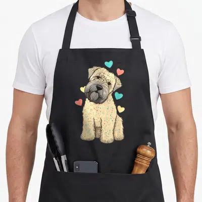 Coated dog apron - Cartoon soft coated wheaten terrier with five hearts in beige blue red and yellow — shown on a black cotton canvas apron against a white background