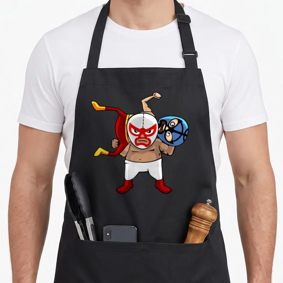 Wrestling mexican apron - Cartoon luchador in white mask carrying opponent in blue mask and red suit — shown on a black cotton canvas apron against a white background
