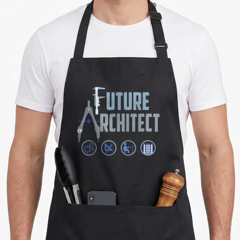 Future landscape architect apron - Blue compass, caliper, and four drafting icons with stacked text — shown on a black cotton canvas apron against a white background