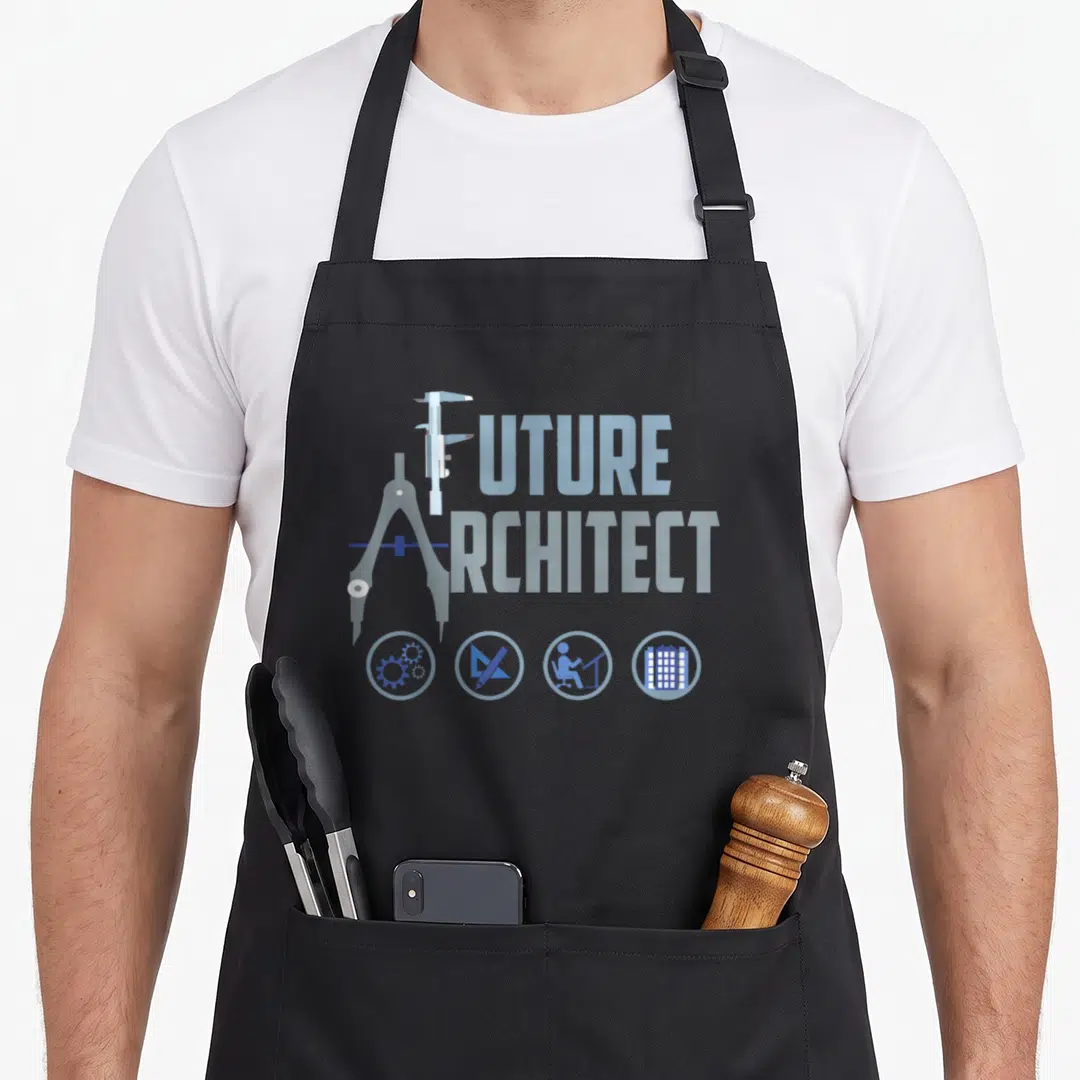 Future landscape architect apron - Blue compass, caliper, and four drafting icons with stacked text — shown on a black cotton canvas apron against a white background