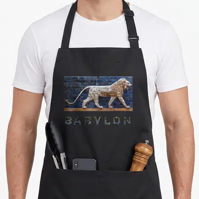 Production lion apron - Realistic lion walking on blue brick wall above textured BABYLON lettering — shown on a black cotton canvas apron against a white background