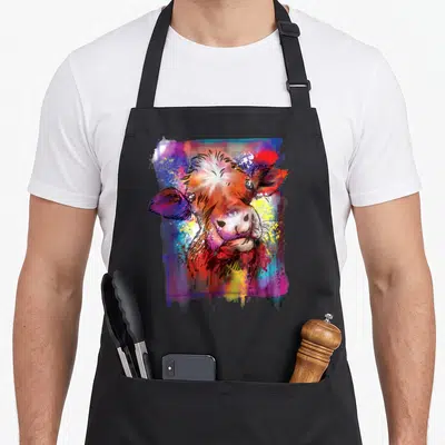 Cowgirl cow apron - Colorful watercolor cow head surrounded by orange, blue, red, yellow, purple paint splatters — shown on a black cotton canvas apron against a white background