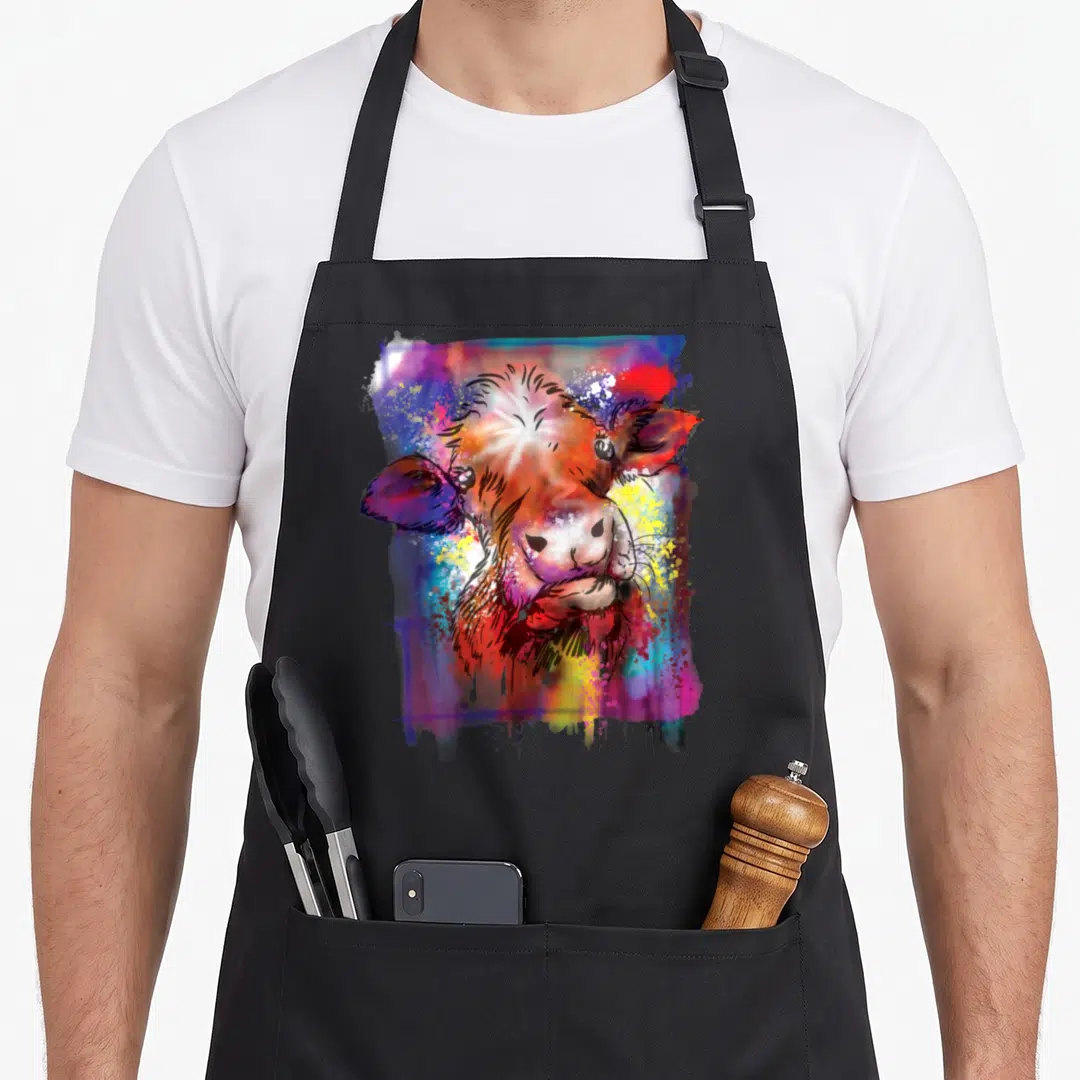 Cowgirl cow apron - Colorful watercolor cow head surrounded by orange, blue, red, yellow, purple paint splatters — shown on a black cotton canvas apron against a white background