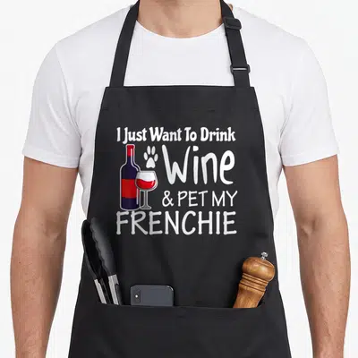 Drink french bulldog apron - Wine bottle, glass, paw print, and text reading I Just Want To Drink Wine Pet My Frenchie — shown on a black cotton canvas apron against a white background