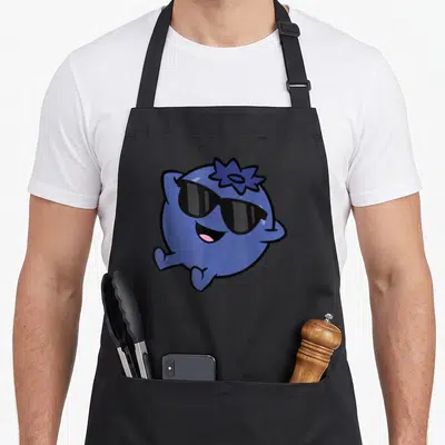 Blueberry fruit apron - Cartoon blueberry wearing black sunglasses with a pink mouth in a running pose — shown on a black cotton canvas apron against a white background