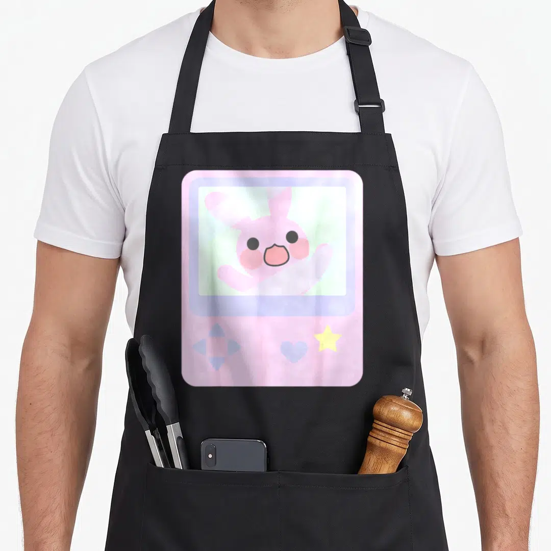 Kawaii bunny apron - Pink rabbit inside pastel game console screen with d-pad heart and star symbols — shown on a black cotton canvas apron against a white background