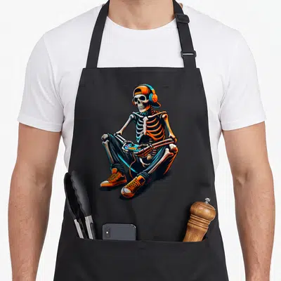 Skeleton gamer video gaming halloween apron - Cartoon skeleton in orange and blue sitting cross-legged with a game — shown on a black cotton canvas apron against a white background