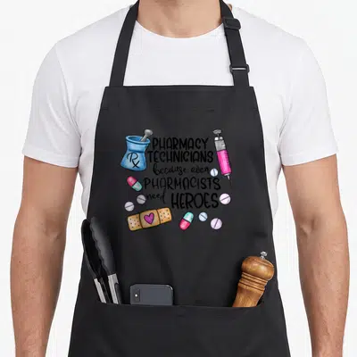 Cpht pharmacist apron - Cartoon pharmacy tools with text PHARMACY TECHNICIANS because even PHARMACISTS need HEROES — shown on a black cotton canvas apron against a white background