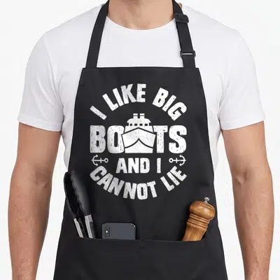 Boat cruise group humor apron - White distressed text I LIKE BIG BOATS AND I CANNOT LIE around boat and two anchors — shown on a black cotton canvas apron against a white background