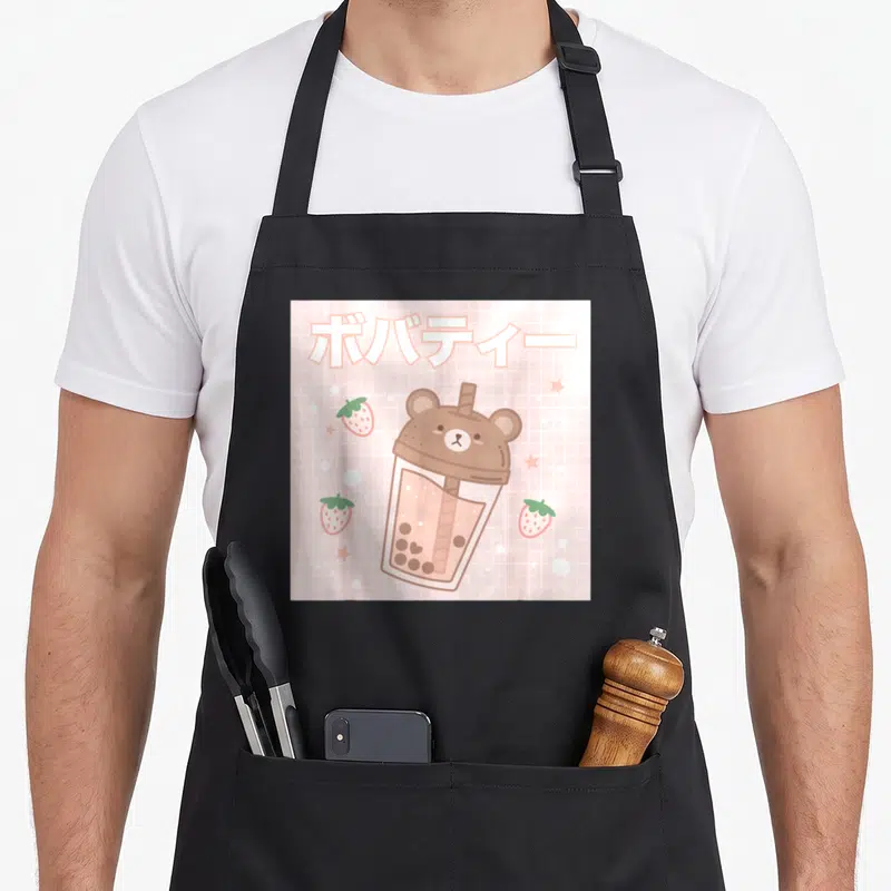 Bubble tea apron - Cartoon bear bubble tea cup on pink grid with Japanese text and strawberries — shown on a black cotton canvas apron against a white background