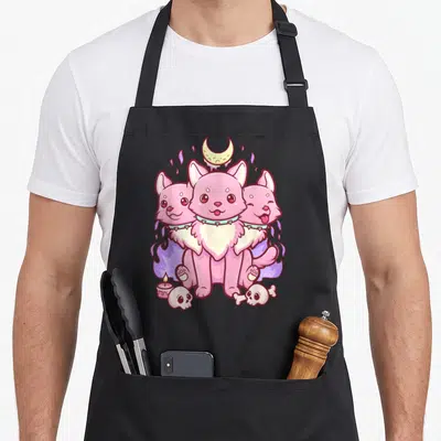 Kawaii goth apron - Pink three-headed dog with moon, skulls, bone and candle in pastel cartoon style — shown on a black cotton canvas apron against a white background