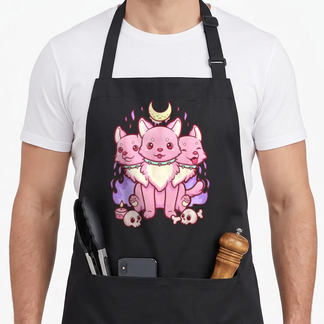 Kawaii goth apron - Pink three-headed dog with moon, skulls, bone and candle in pastel cartoon style — shown on a black cotton canvas apron against a white background