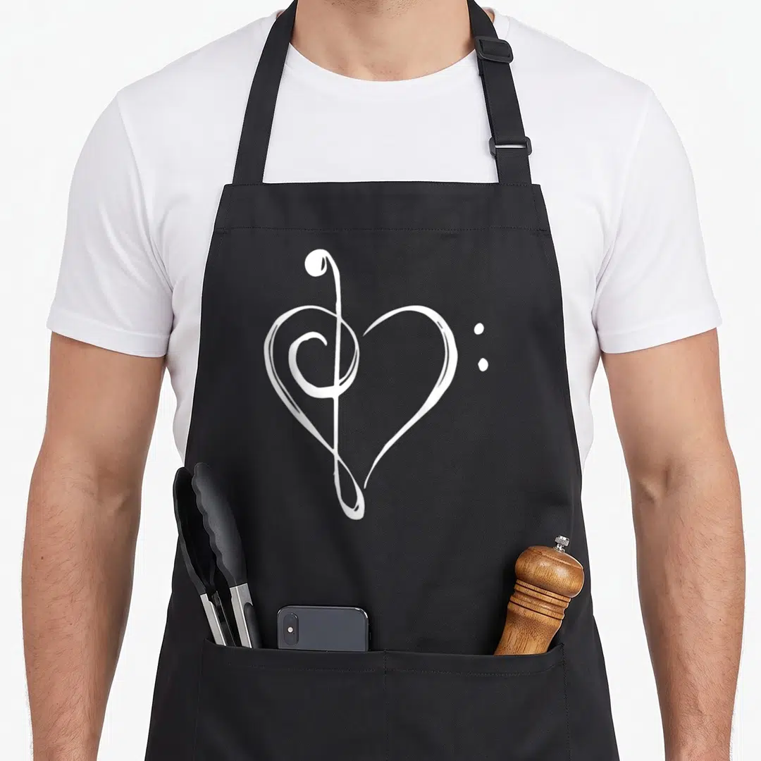 Music manuscript apron - White treble clef forming a heart outline with two dots to the right — shown on a black cotton canvas apron against a white background