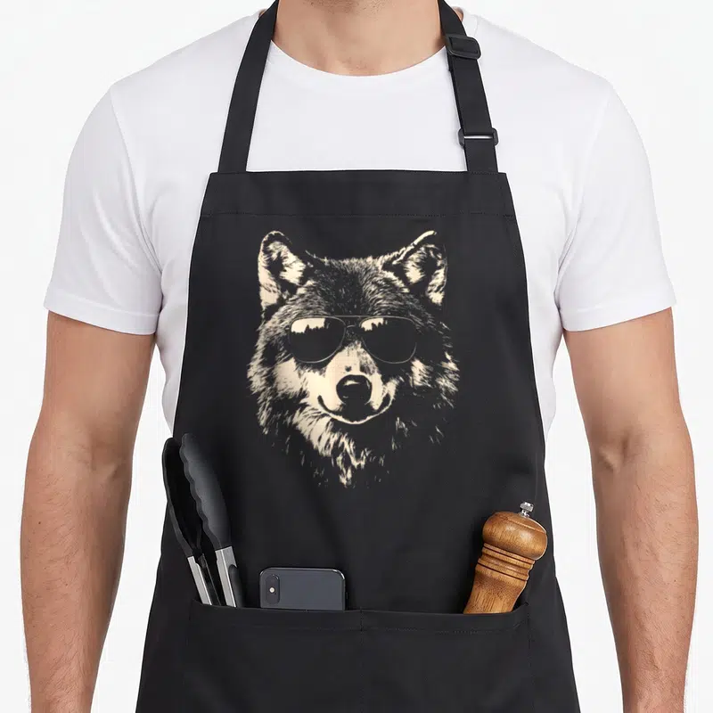 Rock wolf apron - Beige line art wolf head wearing aviator sunglasses on a black background — shown on a black cotton canvas apron against a white background