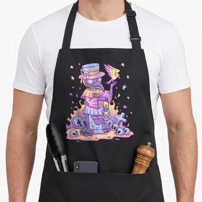 Creepy anime cooking apron - Cartoon plague doctor holding lantern with bird perched on hand amidst graveyard skulls — shown on a black cotton canvas apron against a white background