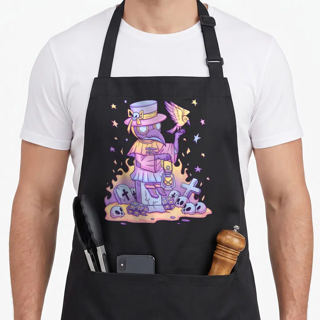 Creepy anime cooking apron - Cartoon plague doctor holding lantern with bird perched on hand amidst graveyard skulls — shown on a black cotton canvas apron against a white background