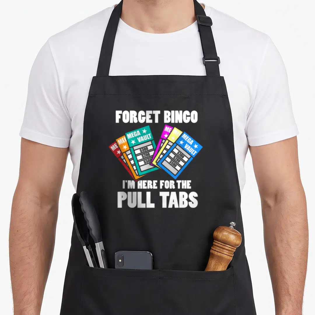 Forget bingo apron - Four colorful Mega Vault pull tabs with $300, $200, $500 text and stars — shown on a black cotton canvas apron against a white background