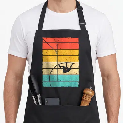 Vaulting pole mom apron - Retro grey vaulter silhouette on red orange yellow beige teal grey horizontal stripes — shown on a black cotton canvas apron against a white background