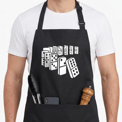 Funny dominoe apron - White dominoes falling in a curved line on black fabric — shown on a black cotton canvas apron against a white background