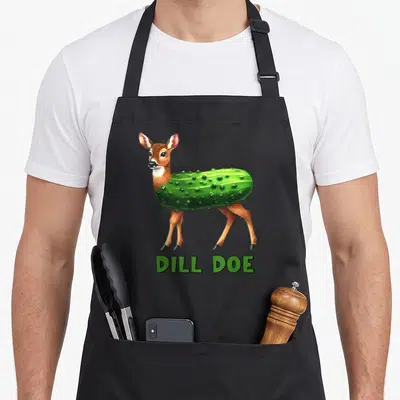 Dill inappropriate apron - Cartoon deer with green pickle torso and green DILL DOE text — shown on a black cotton canvas apron against a white background